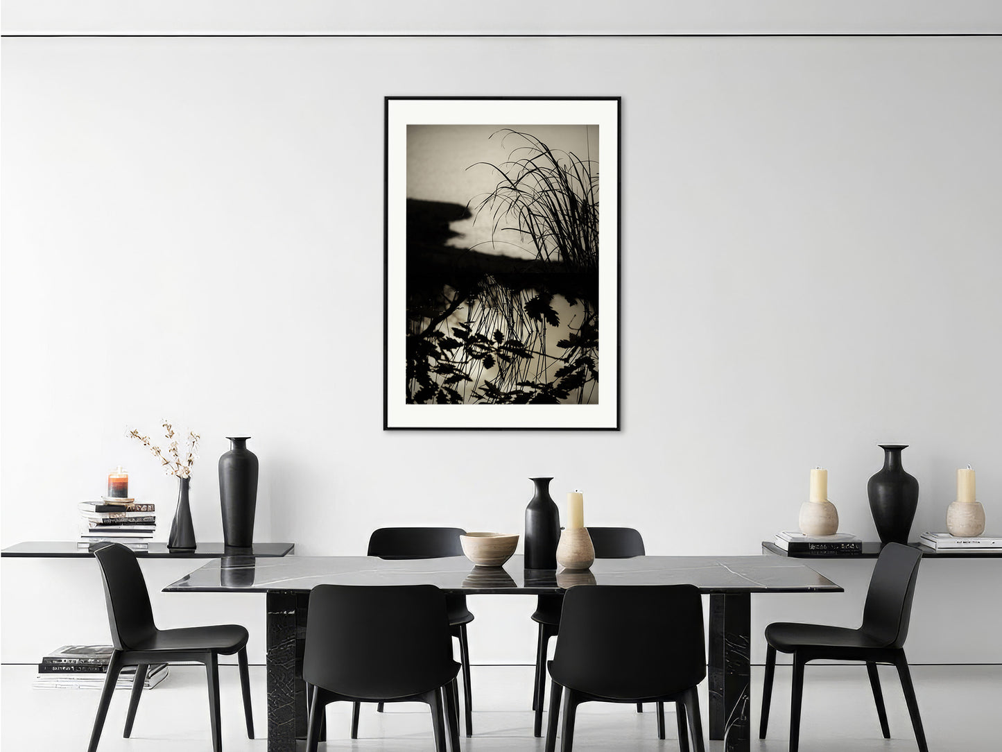 Soulscapes 8 by Andrea Christl, tranquil black-and-white art photography of tall grass and clouds reflected in calm water, professionally framed.