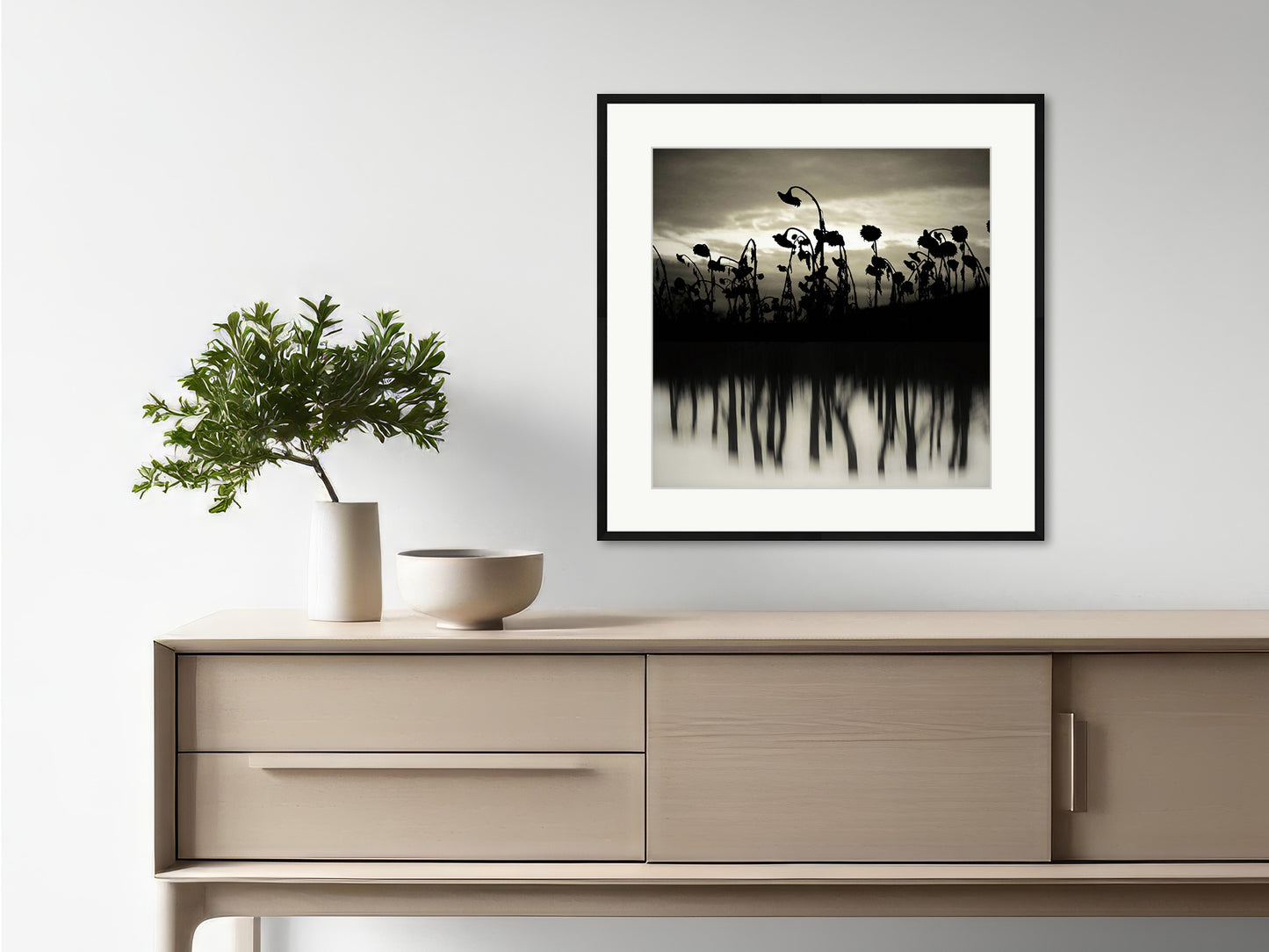 Soulscapes 1 by Andrea Christl, tranquil black-and-white art photography featuring a mysterious reflection and silhouetted sunflowers, professionally framed with a passe-partout.