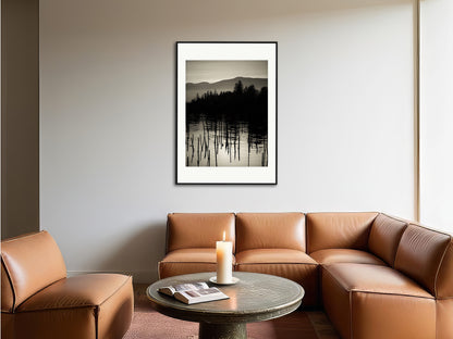 Soulscapes 4 by Andrea Christl, black-and-white art photography capturing a tranquil water scene with a mysterious horizon with mountains, elegantly framed with passe-partout.