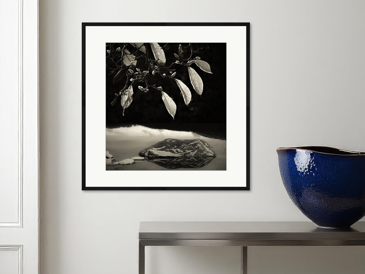 Soulscapes 5 by Andrea Christl, a tranquil black-and-white art photography print of a reflective water landscape, professionally framed with a passe-partout for a refined presentation.