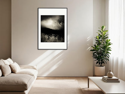 Soulscapes 7 by Andrea Christl, a black-and-white art photography print of a mountain range shrouded in mist, evoking a calm and mysterious atmosphere, framed with care.